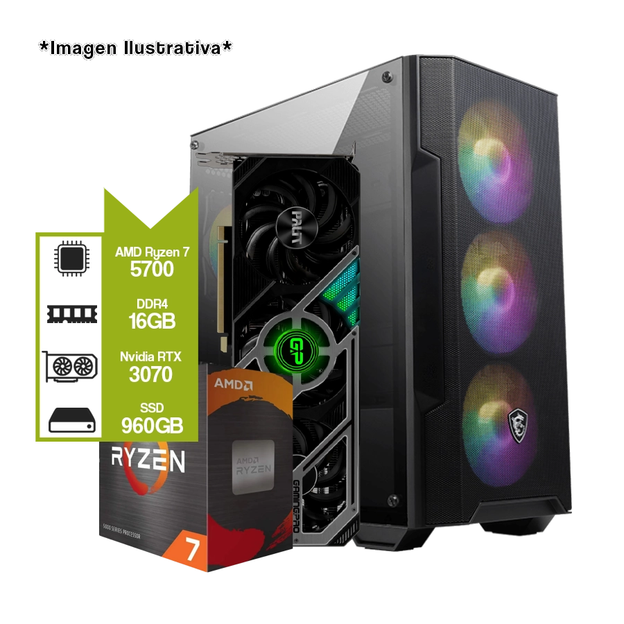 PC Armada Gamer: AMD Ryzen 7 5700 + RTX 3070 + B450M TUF + 16GB DDR4 + SSD 960GB