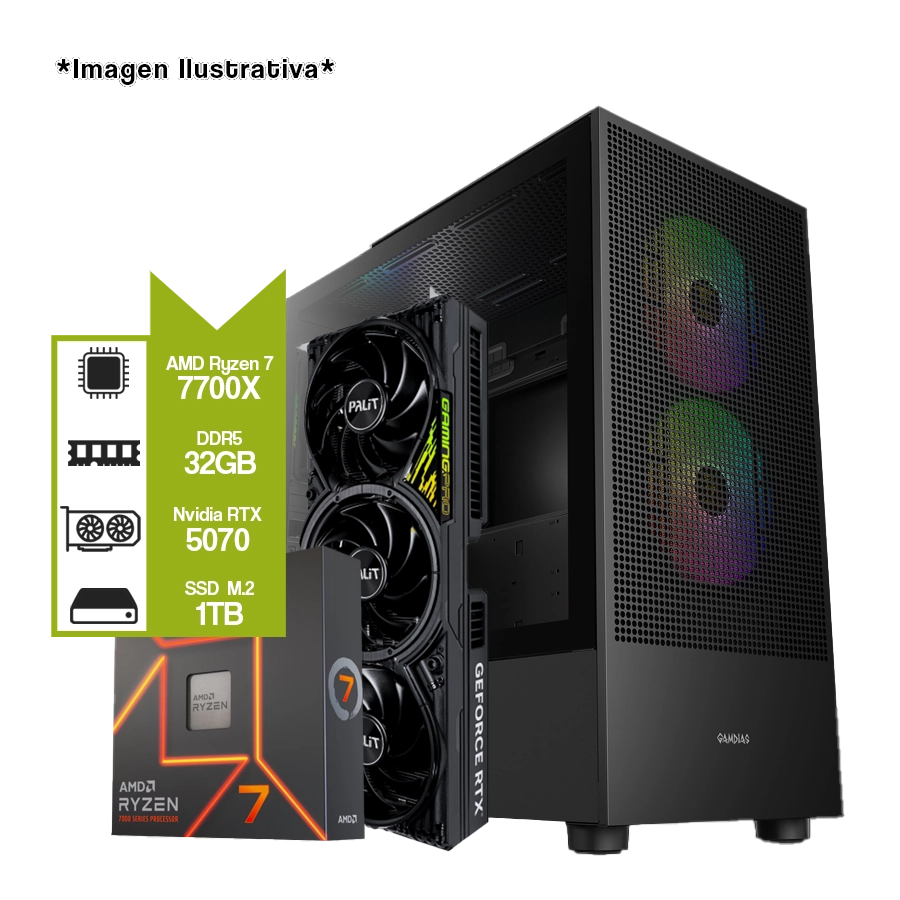 PC ARMADA GAMER AMD RYZEN 7 7700X + RTX 5070 + B650M + 32GB DDR5 + 1TB M.2