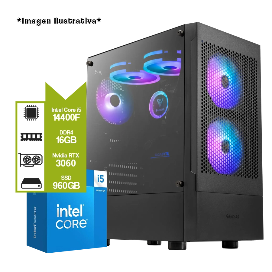 Pc Armada Diseño Grafico Intel Core i5 14400F + H610M + GeForce RTX 3060 12GB + 16GB + SSD 960GB 