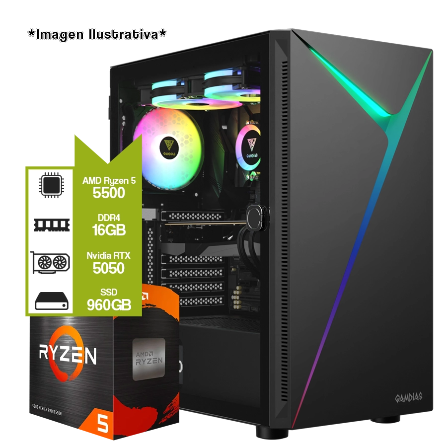 Pc Armada Gamer AMD Ryzen 5 5500 + A520M + 16GB + SSD 960GB + GeForce RTX 5050