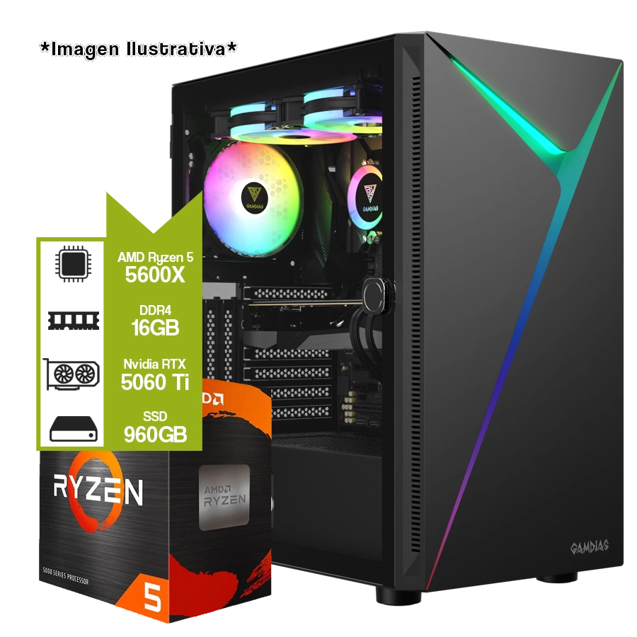 Pc Armada Gamer AMD Ryzen 5 5600X + A520M + 16GB + GeForce RTX 5060 Ti + SSD 960GB 