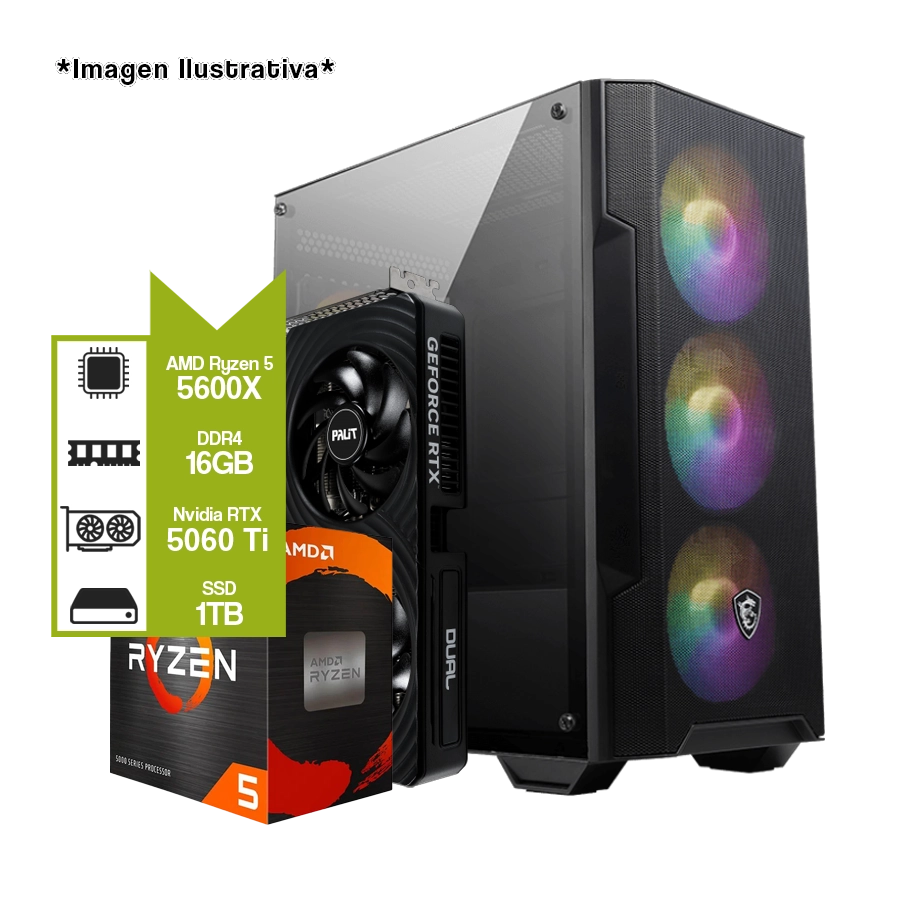 PC ARMADA GAMER AMD RYZEN 5 5600X + B550M WIFI + RTX 5060 TI + M.2 1TB + 16GB DDR4