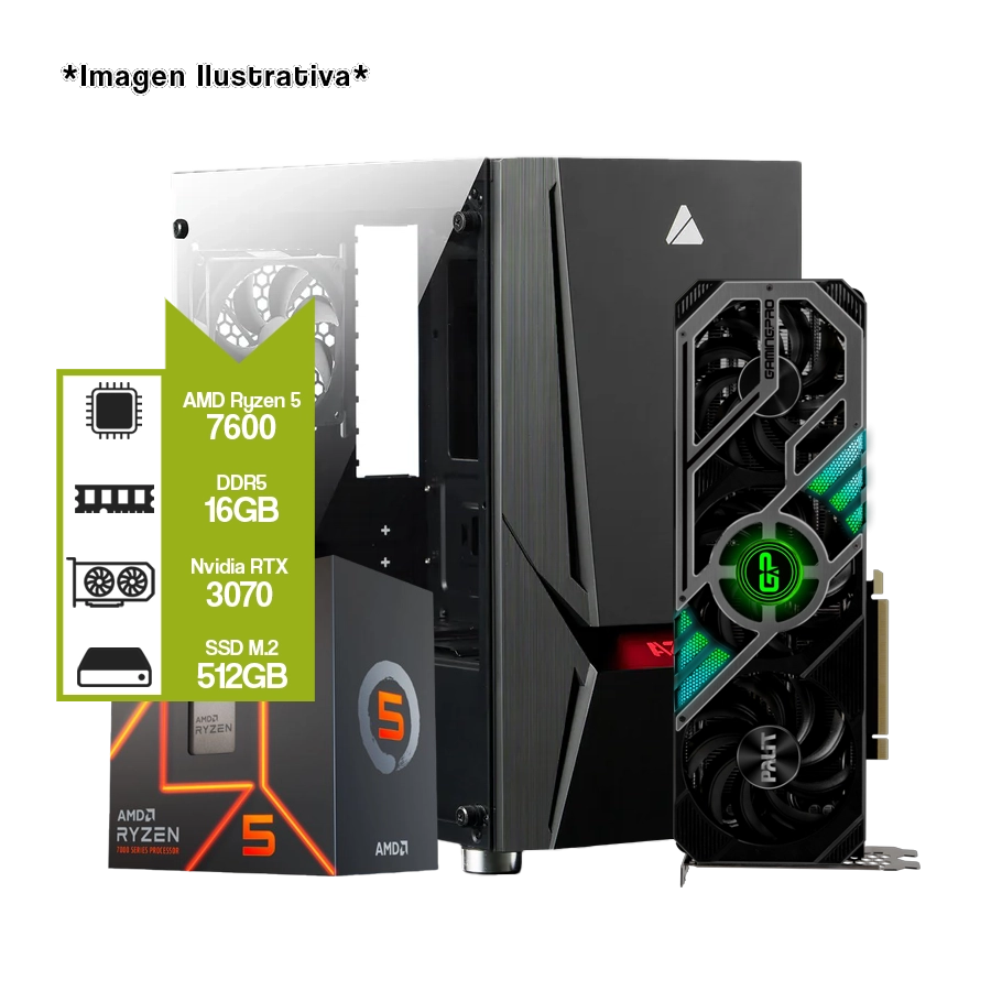 Pc Armada Gamer AMD Ryzen 5 7600 + RTX 3070 + B650M + 32GB DDR5 + M.2 512GB