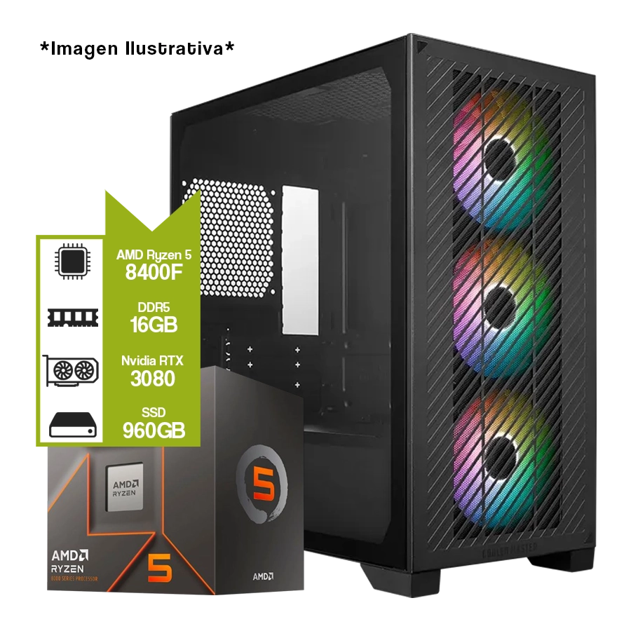 Pc Armada Gamer AMD Ryzen 5 8400F + A620M + GeForce RTX 3080 + 16GB DDR5 + SSD 960GB 