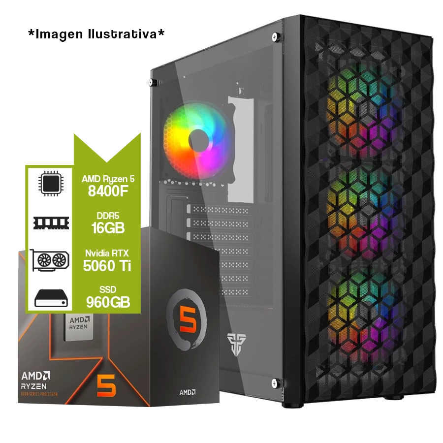 Pc Armada Gamer AMD Ryzen 5 8400F + A620M + GeForce RTX 5060 Ti + 16GB DDR5 + SSD 960GB 