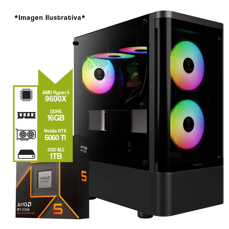 Pc Armada Gamer AMD Ryzen 5 9600X + B850M WiFi + 16GB + GeForce RTX 5060 Ti 16GB + M.2 1TB 