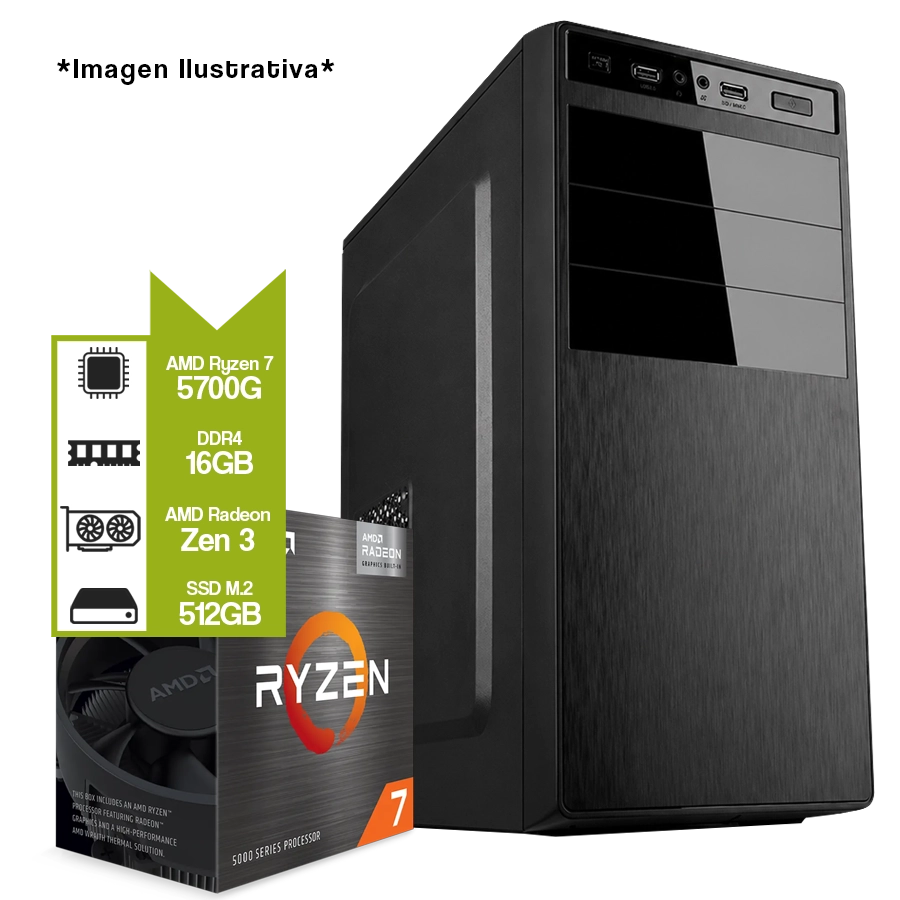 Pc Armada Gamer AMD Ryzen 7 5700G + A520M + 16GB DDR4 + M.2 512GB + Gabinete c/ Fuente 