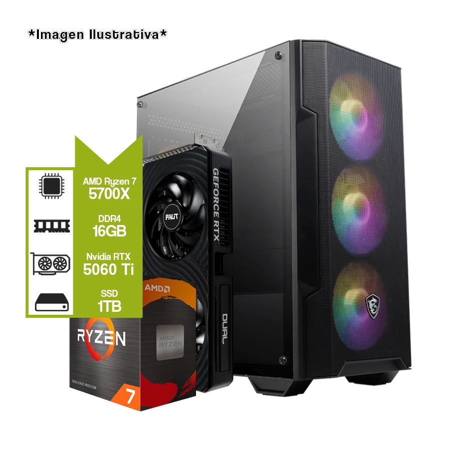 PC ARMADA GAMER AMD RYZEN 7 5700X + B550M WIFI + RTX 5060 TI + M.2 1TB + 16GB DDR4