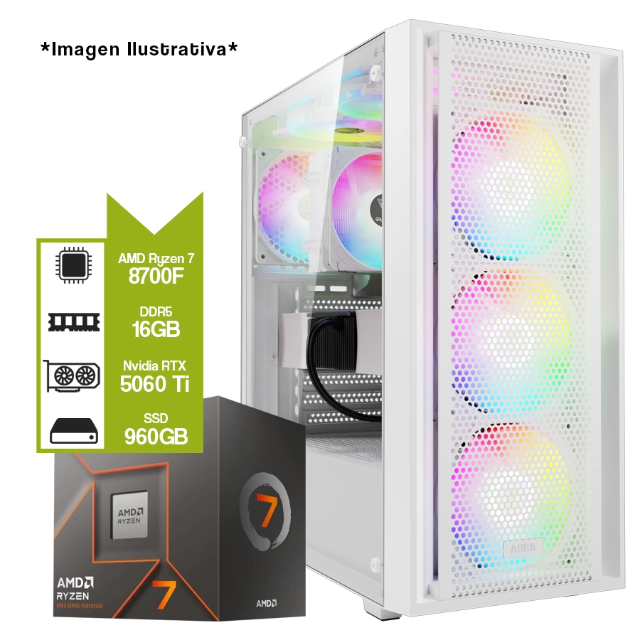 Pc Armada Gamer AMD Ryzen 7 8700F + A620AM + GeForce RTX 5060 Ti + 16GB DDR5 + SSD 960GB 