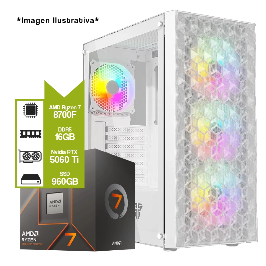 Pc Armada Gamer AMD Ryzen 7 8700F + A620AM + GeForce RTX 5060 Ti + 16GB DDR5 + SSD 960GB 