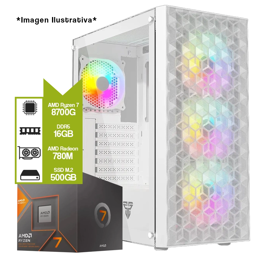 Pc Armada Gamer AMD Ryzen 7 8700G + A620M + 16GB DDR5 + M.2 500GB + Fuente 650W 