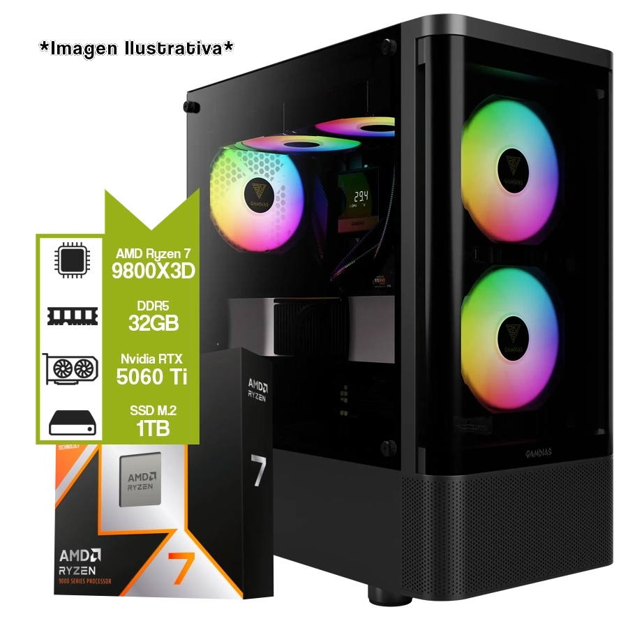 Pc Armada Gamer AMD Ryzen 7 9800X3D + B850M + 32GB + GeForce RTX 5060 Ti + M.2 1TB