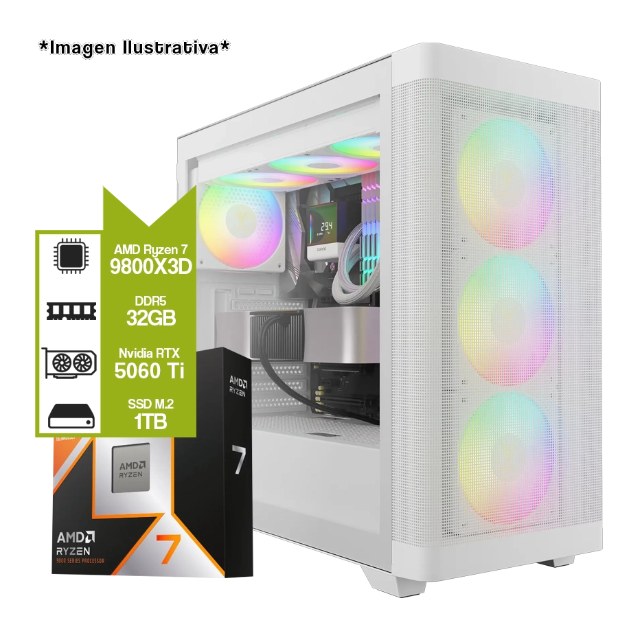 Pc Armada Gamer AMD Ryzen 7 9800X3D + B850M + 32GB + NVIDIA RTX 5060 Ti 16GB + M.2 1TB 