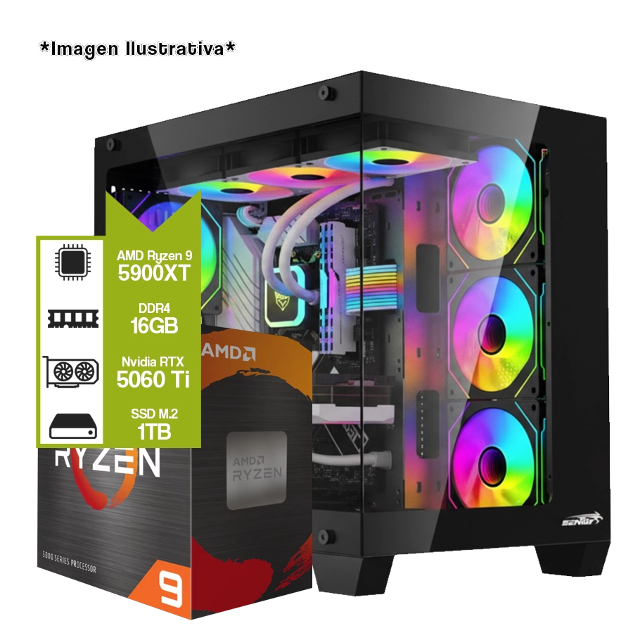 PC ARMADA GAMER AMD RYZEN 9 5900XT + B550M + GEFORCE RTX 5060 TI + 16GB + M.2 1TB