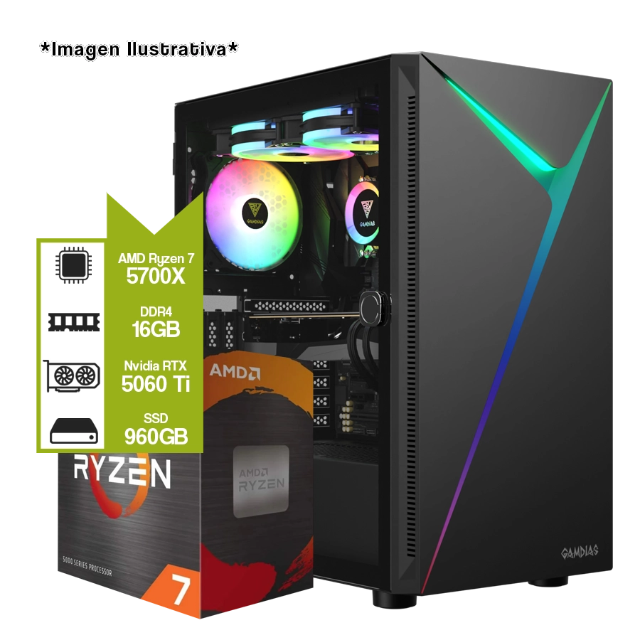 Pc Armada Gamer AMD Ryzen Ryzen 7 5700X + B550M + 16GB + SSD 960GB + RTX 5060 Ti 