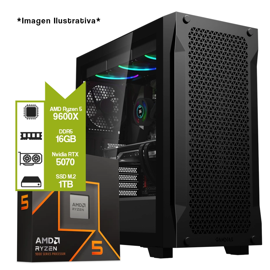 PC ARMADA GAMER AMD RYZEN 5 9600X + B850M WIFI + 16GB DDR5 + GEFORCE RTX 5070 + M.2 1TB