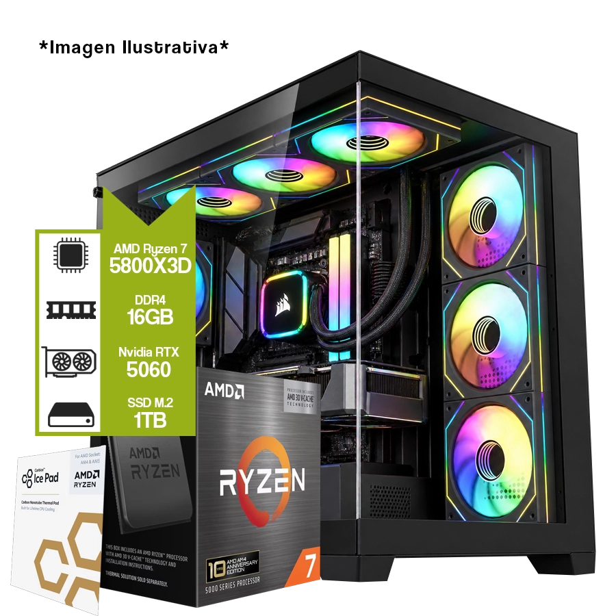 Pc armada Gamer AMD Ryzen 7 5800X3D + B550M + GeForce RTX 5060 + 16GB DDR4 + M.2 1TB 