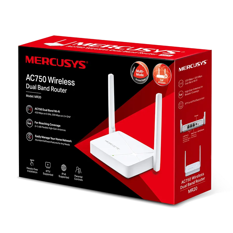 Router WiFi Mercusys MR20 AC750 5GHz 2xAntenas