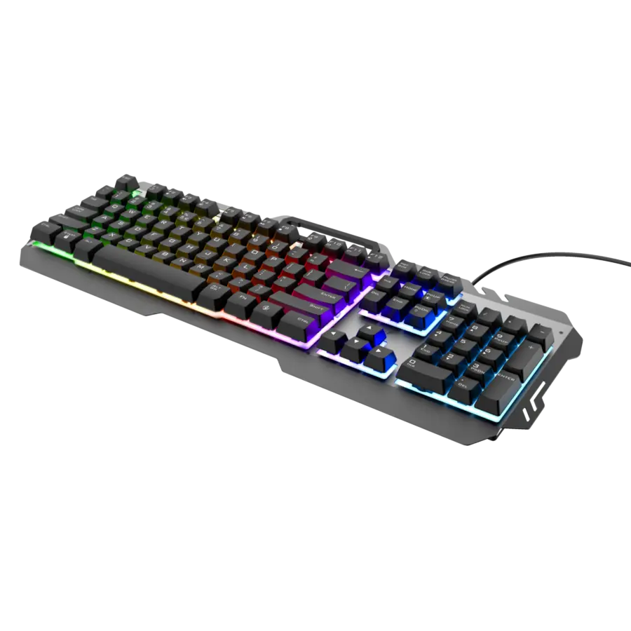 Teclado Gamer Trust GXT 853 Esca Metal Rainbow RGB c/ Soporte Stand Celular