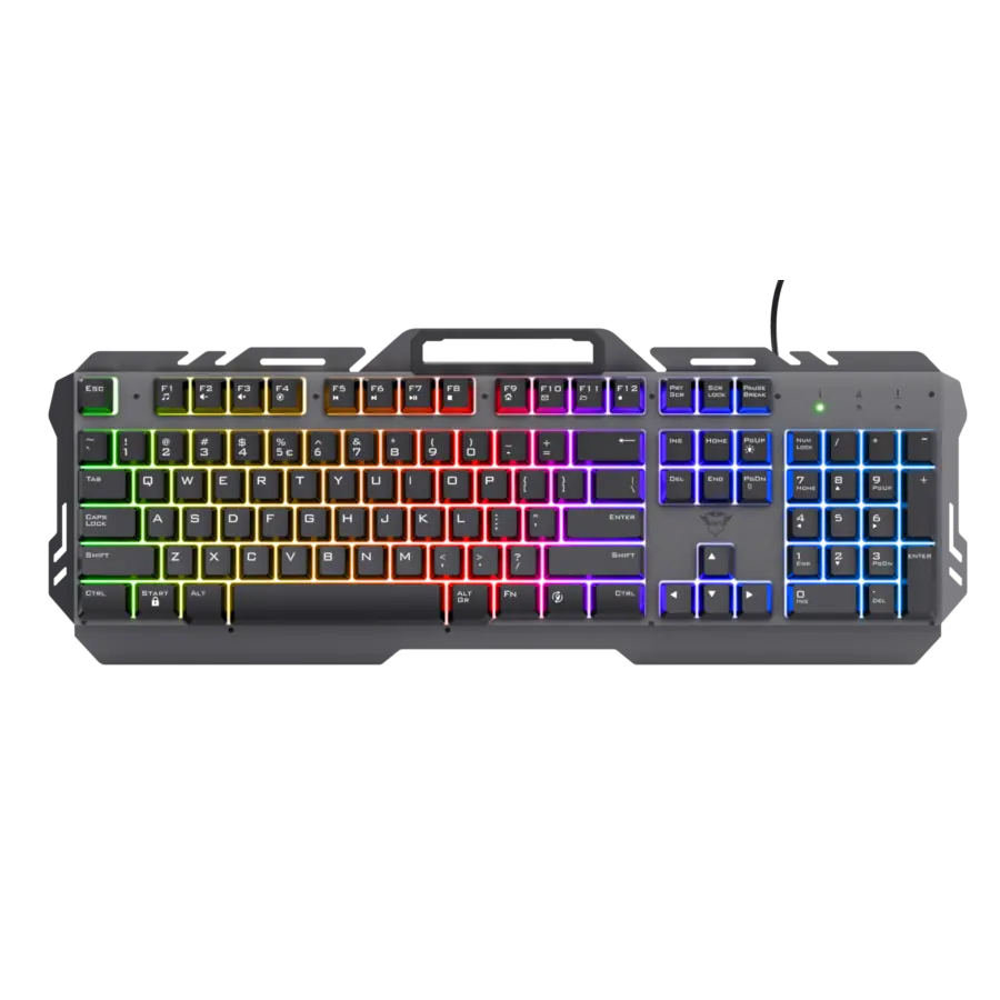 Teclado Gamer Trust GXT 853 Esca Metal Rainbow RGB c/ Soporte Stand Celular